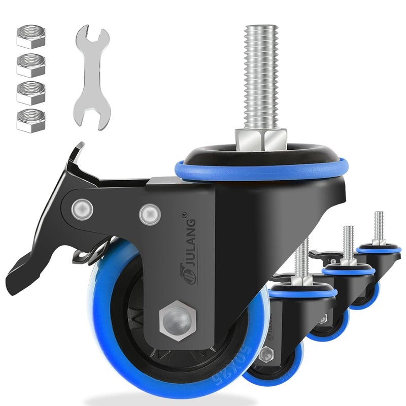 Julang 2 in Caster Wheels 3/8 Threaded Stem, Stem Mount (UNC 3/8" -16 x 1), Locking Casters Set of 4, Load Capacity 580 lbs, Swivel Casters for Wire Shelving, Tool Carts, Workbenches.（Blue） - Image 1